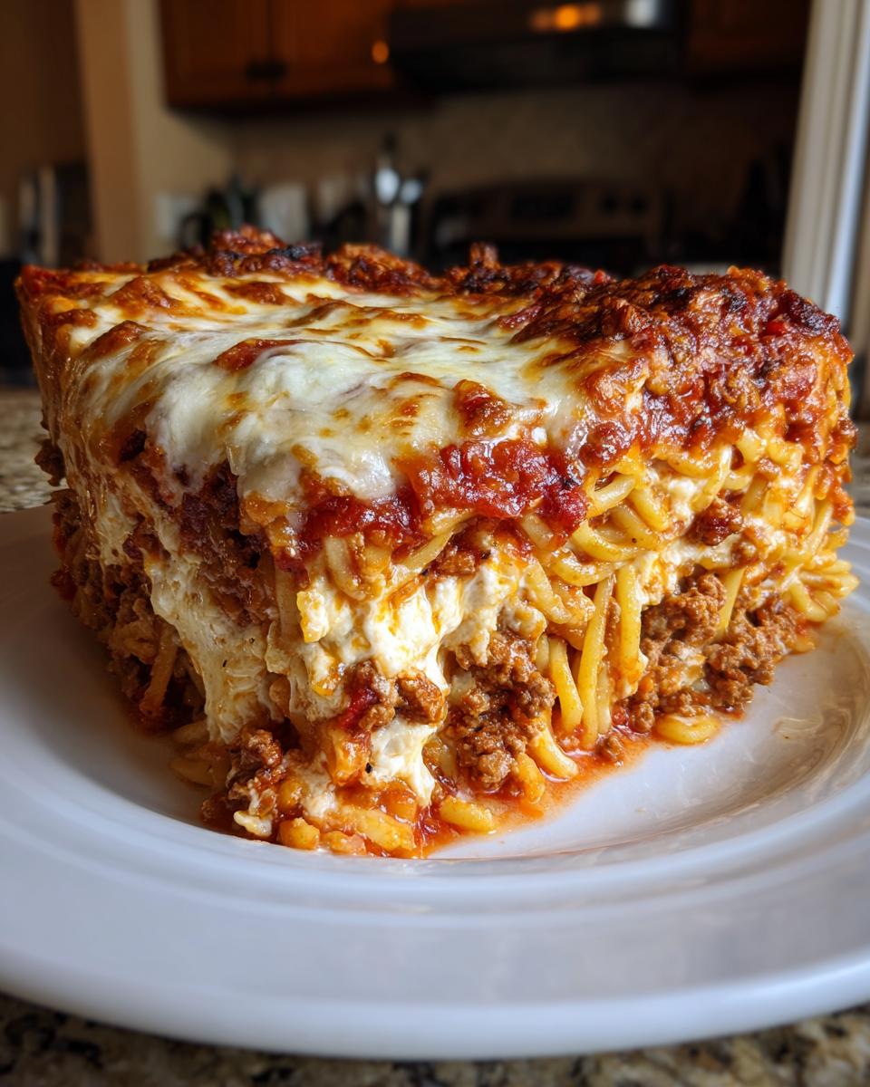 A thick, square slice of baked spaghetti pie featuring layers of pasta, meat sauce, and melted cheese.