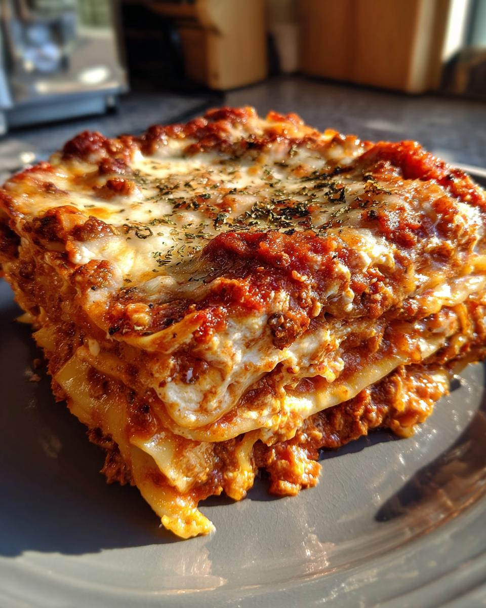 Close-up of a thick, layered slice of baked spaghetti pie with melted cheese and meat sauce.