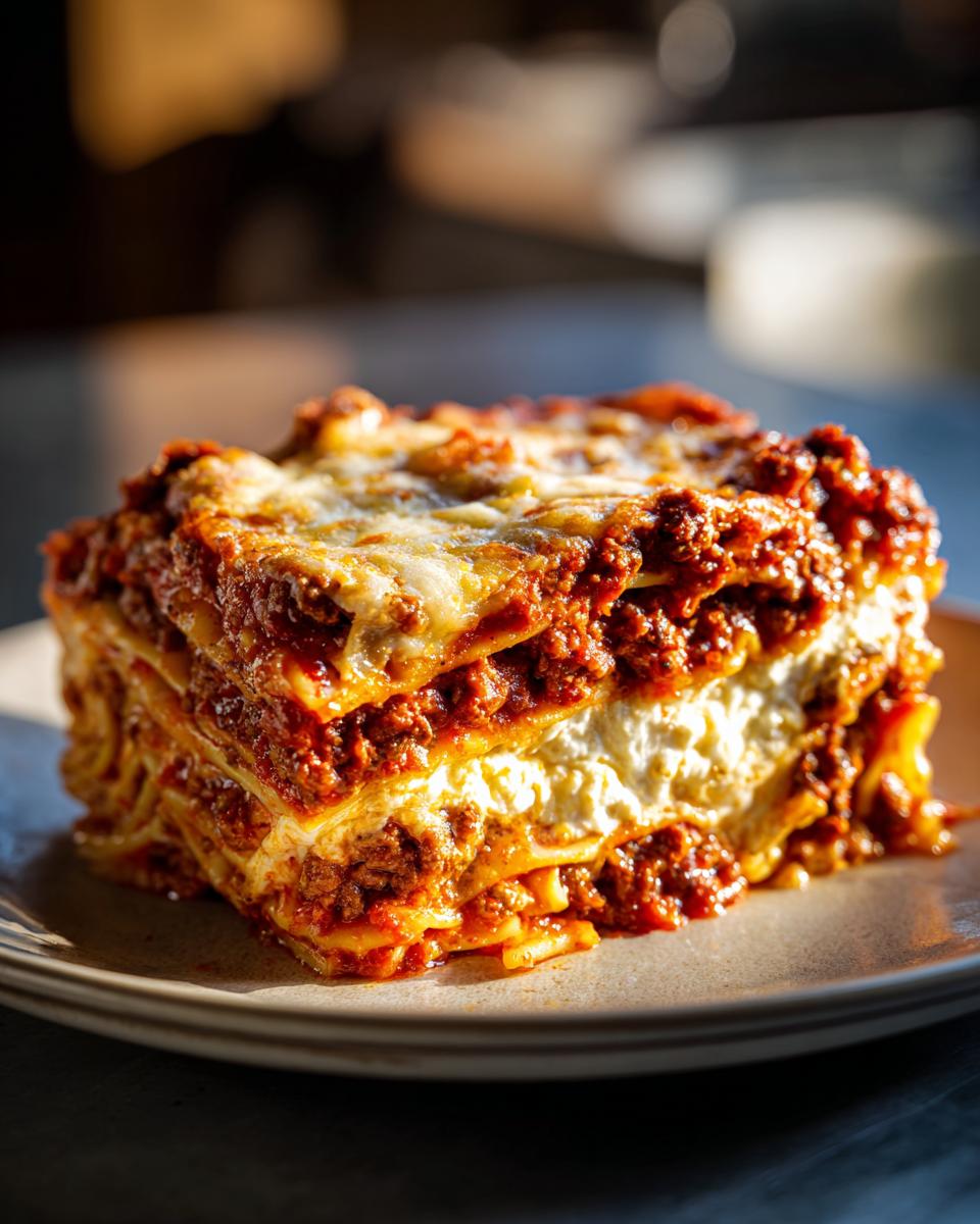 Close-up of a thick, layered slice of spaghetti pie showing meat sauce and ricotta cheese filling.