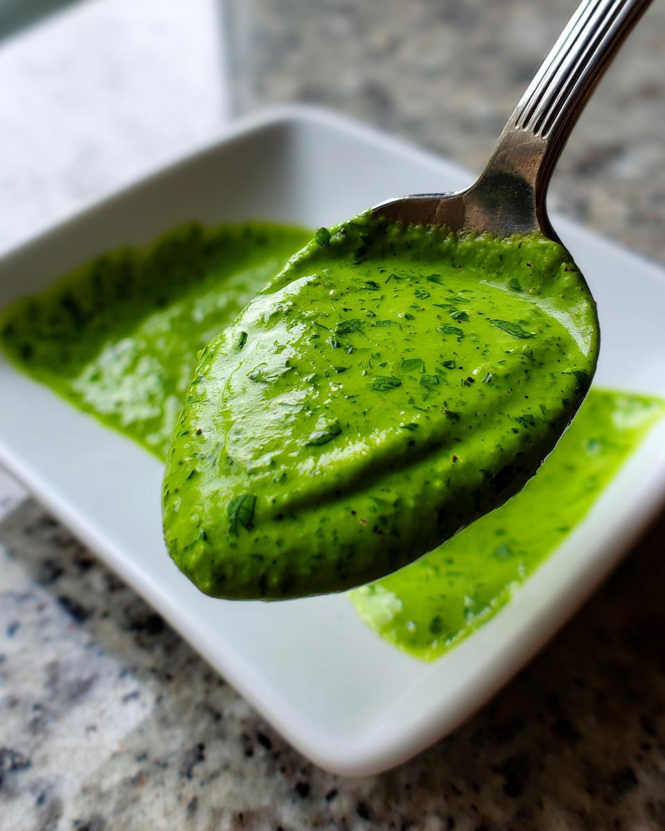 A spoonful of vibrant green, chunky cilantro lime sauce being lifted above a white dish.