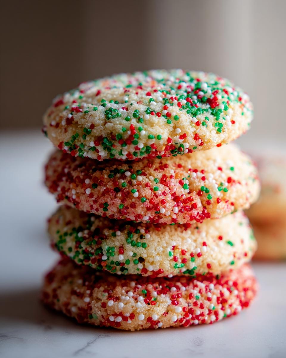 A vertical stack of four soft, round christmas sprinkle sugar cookies covered in red, green, and white nonpareils.