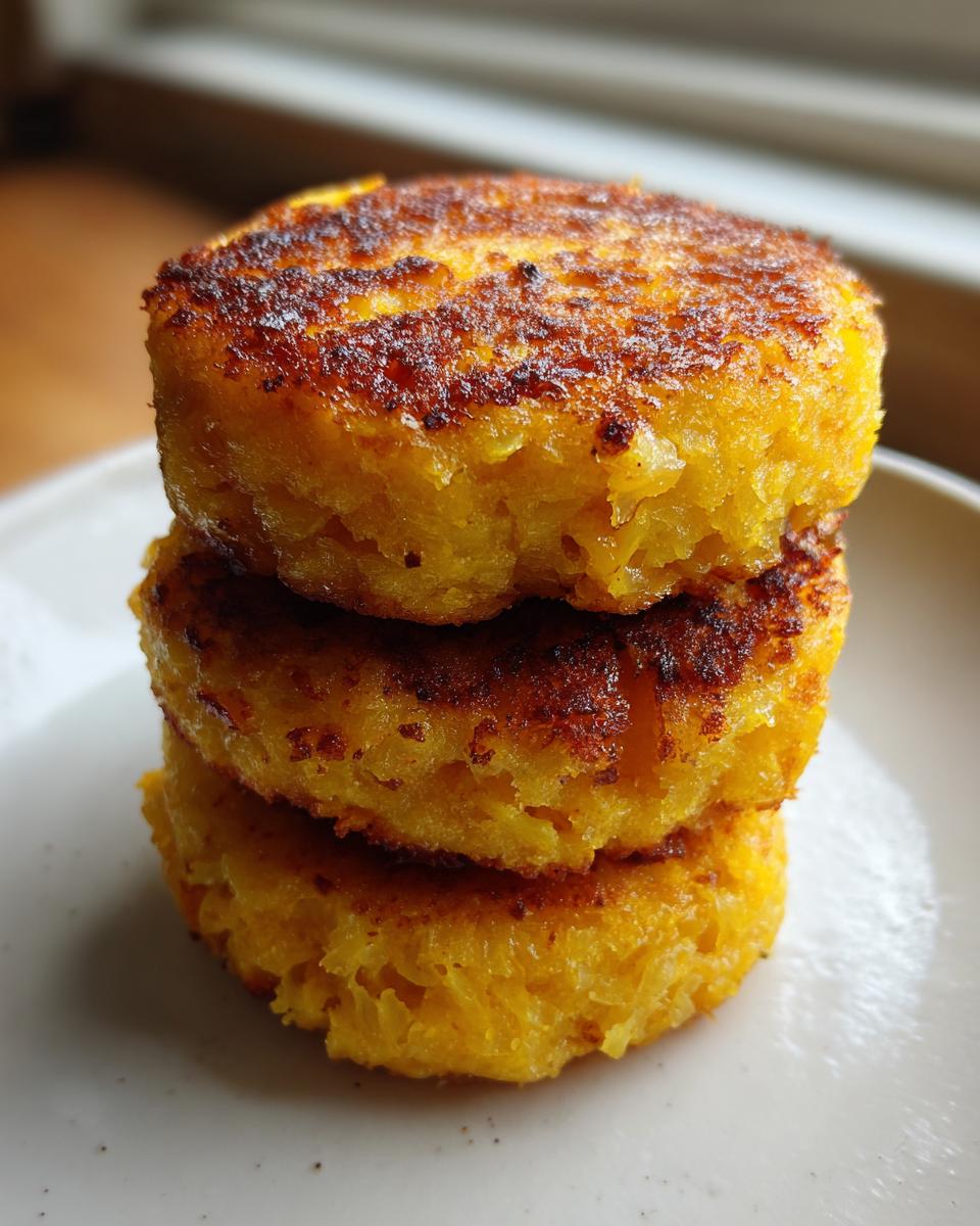 A stack of three golden brown, thick fried cornbread patties with crispy edges resting on a white plate.