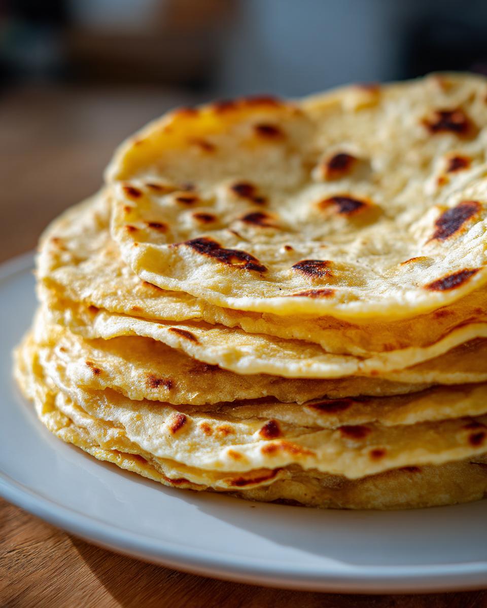Close-up of a warm stack of freshly cooked corn tortillas with light brown char marks on a white plate.