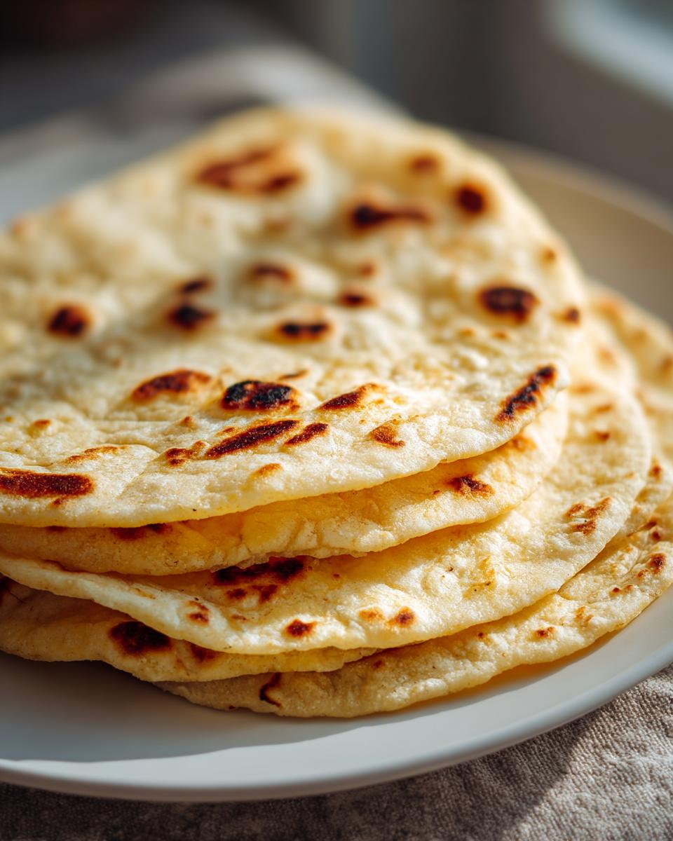 A close-up stack of soft, freshly cooked corn tortillas with light brown charred spots on a white plate.