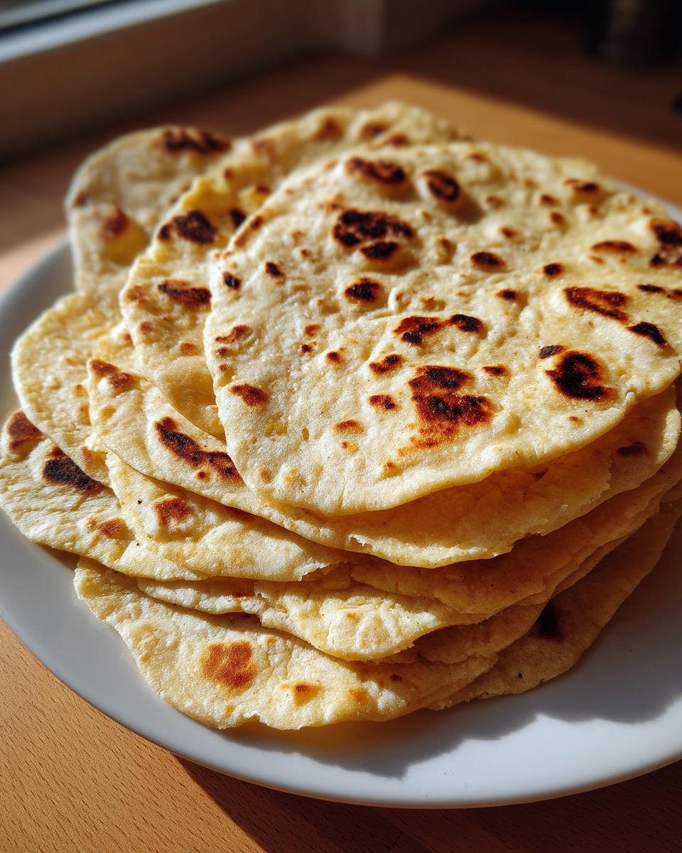 A warm stack of freshly cooked corn tortillas with characteristic brown char spots, resting on a white plate.