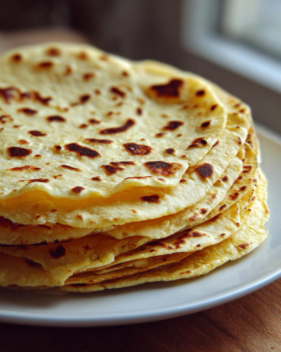 A tall stack of freshly cooked, slightly charred corn tortillas resting on a white plate.