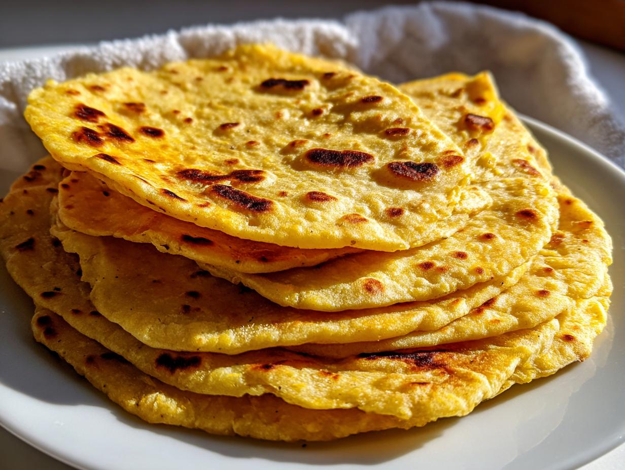 A stack of warm, golden yellow corn tortillas with slightly charred spots resting on a white plate.
