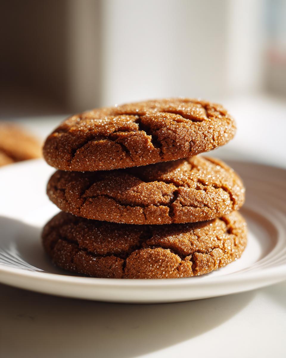 Close-up of three soft gingerbread cookies stacked on a white plate, coated in sparkling sugar.