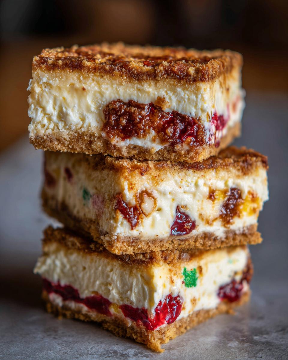 Three stacked squares of rich christmas tree cheesecake bars with visible fruit and crust.