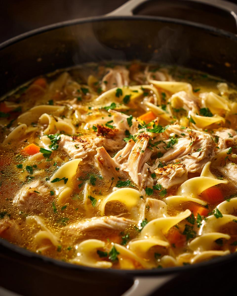 Close-up of steaming, rich chicken noodle soup with shredded chicken, egg noodles, carrots, and parsley in a dark pot.