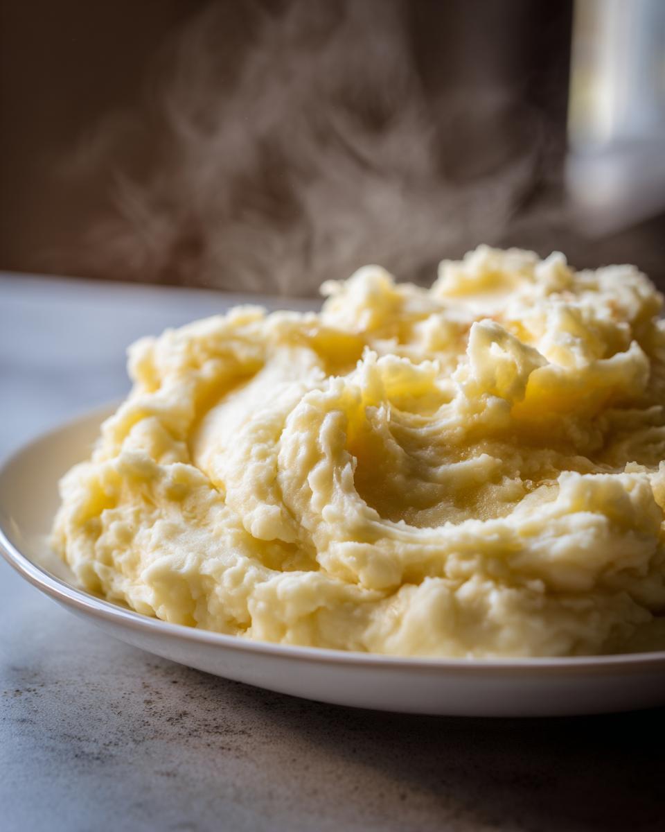 A close-up of a generous serving of hot, steaming creamy mashed potatoes piled high on a white plate.