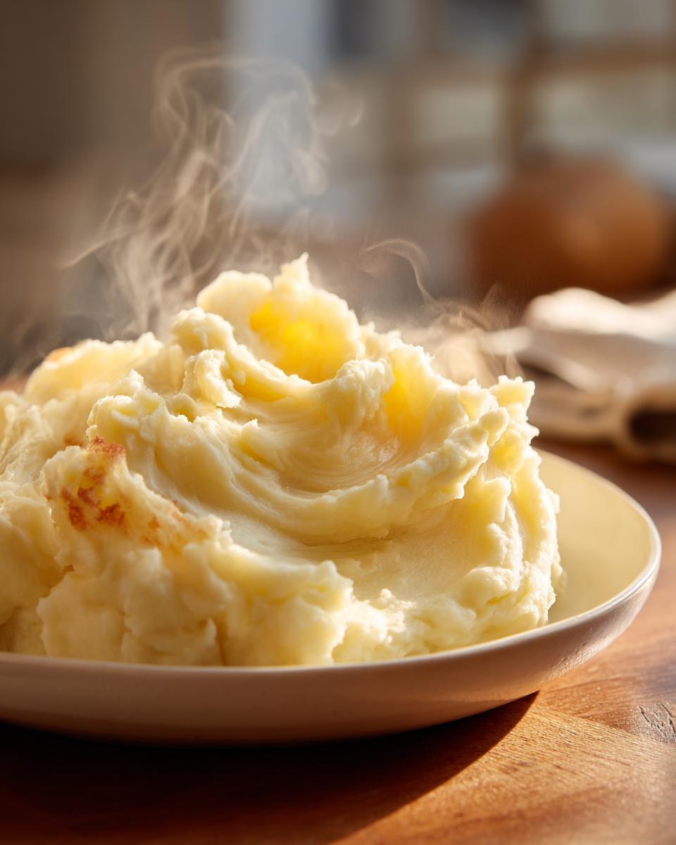 A close-up of a bowl filled with fluffy, steaming creamy mashed potatoes, showing melted butter pools.