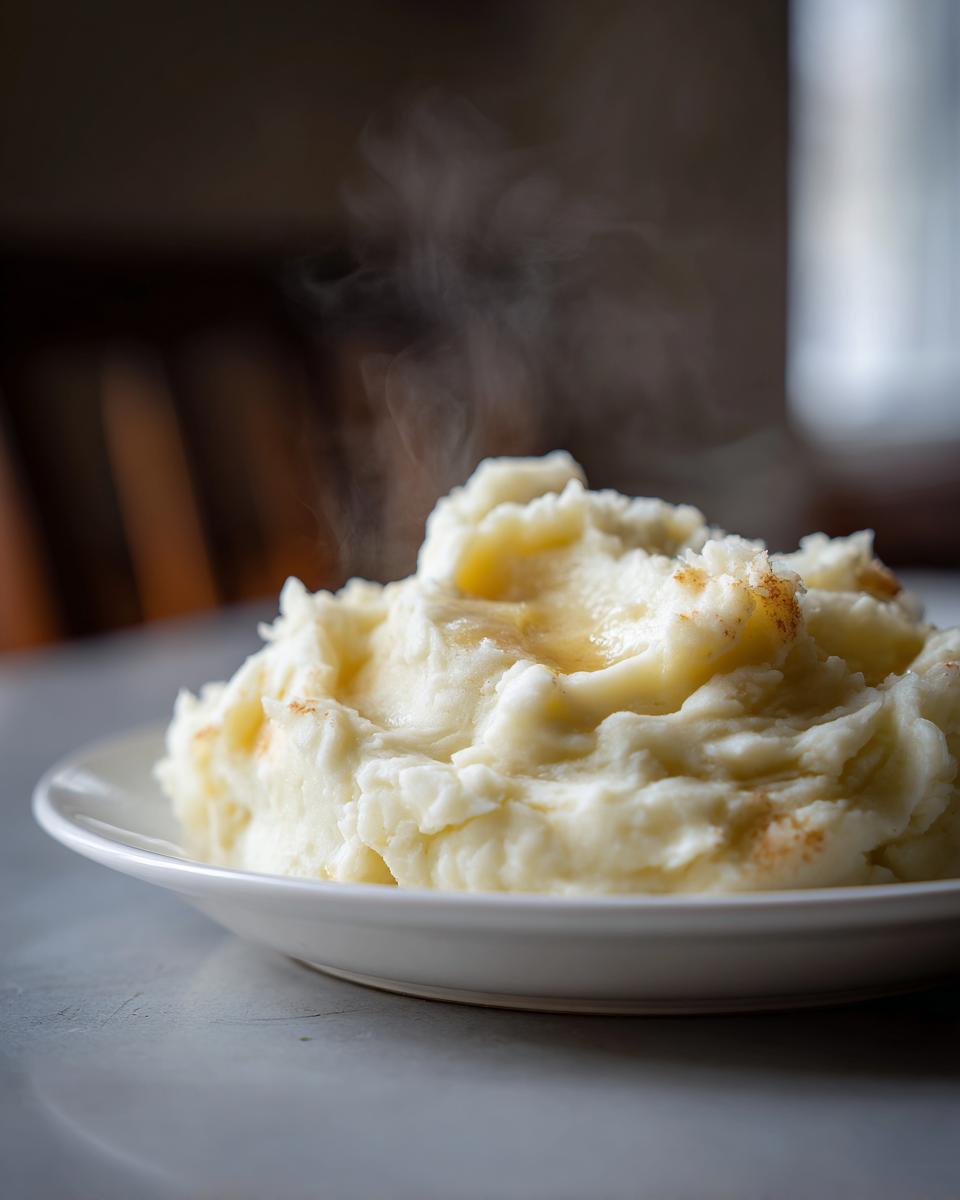 A close-up of a mound of steaming creamy mashed potatoes topped with melted butter on a white plate.
