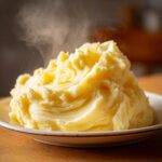 A close-up of a large, fluffy mound of hot, creamy mashed potatoes steaming on a white plate.