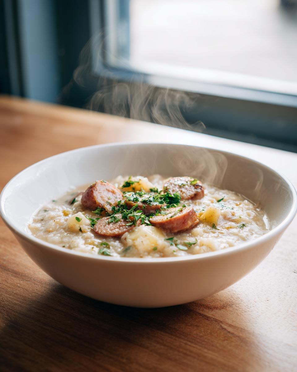 A steaming white bowl filled with creamy kielbasa potato soup, topped with sliced sausage and fresh parsley.