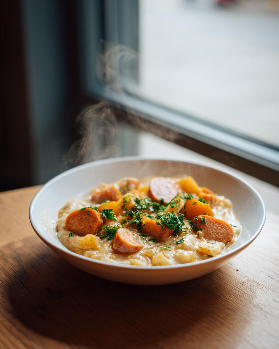 A steaming white bowl filled with creamy kielbasa potato soup, topped with sliced sausage and fresh parsley.