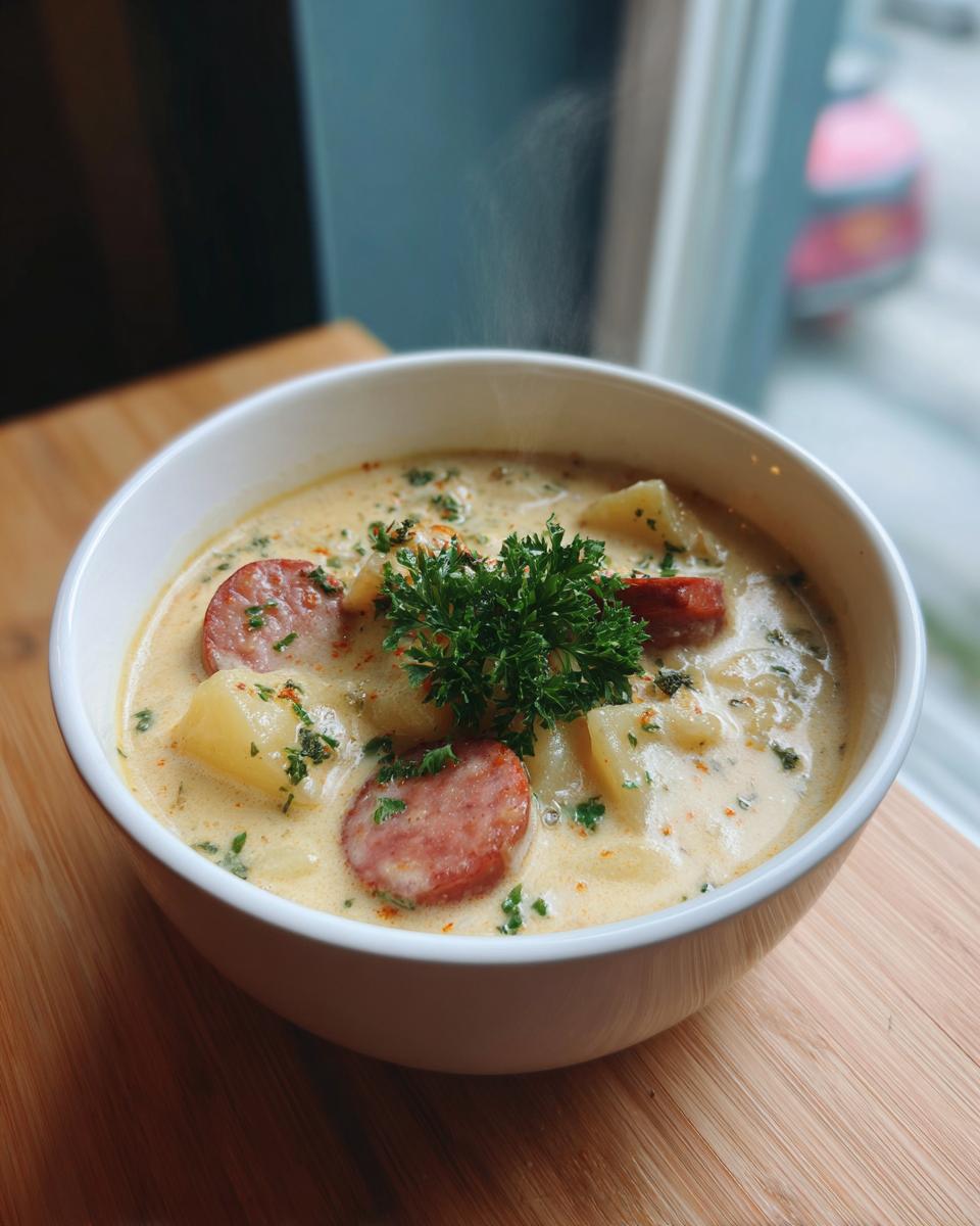 Close-up of a steaming white bowl filled with creamy kielbasa potato soup, topped with parsley.