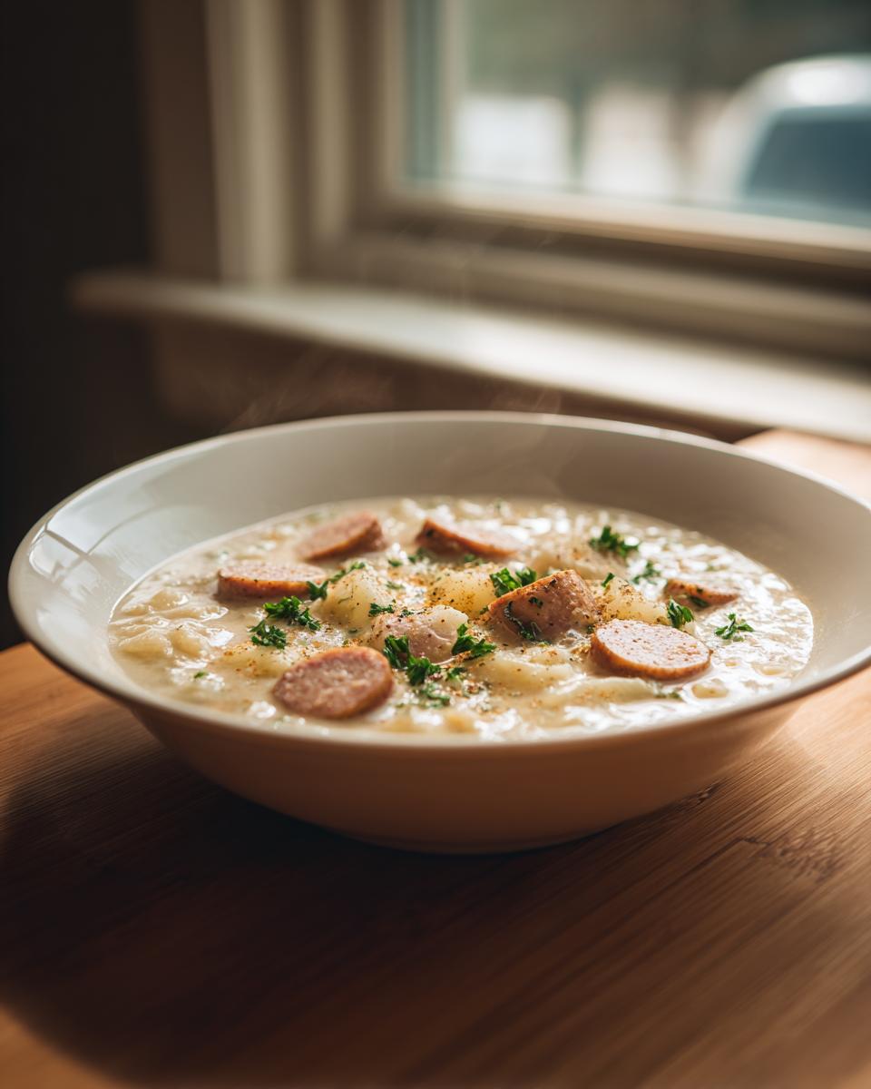 A close-up of a steaming bowl of creamy kielbasa potato soup, garnished with sliced sausage and fresh parsley.