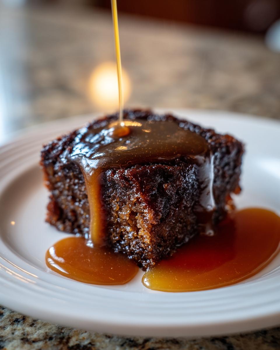 Close-up of a square of sticky toffee pudding recipe being drenched with rich caramel sauce.