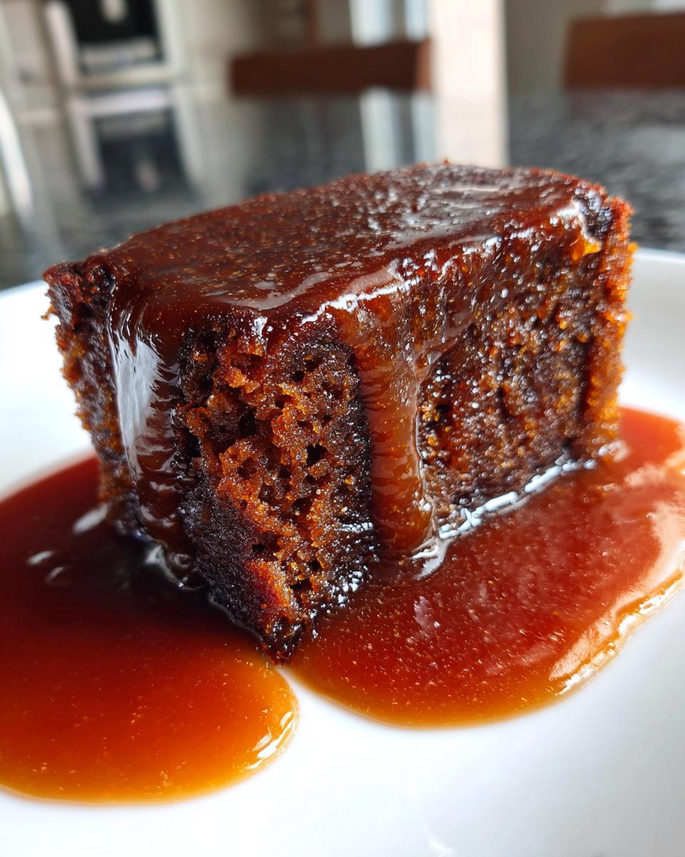 A moist square of sticky toffee pudding recipe cake generously covered in rich, glossy toffee sauce.