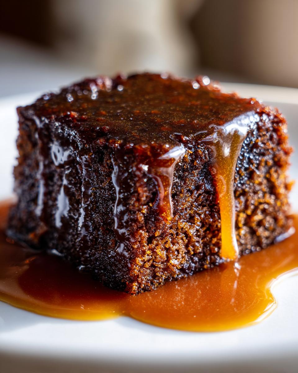 Close-up of a rich, dark square of sticky toffee pudding drenched in thick toffee sauce.