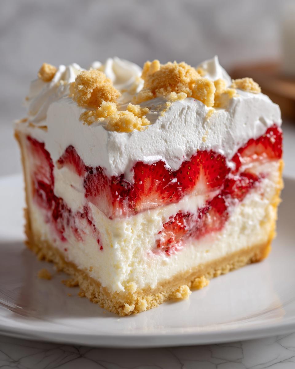 A decadent slice of strawberry shortcake cheesecake showing layers of graham cracker crust, creamy filling, fresh strawberries, and whipped topping.