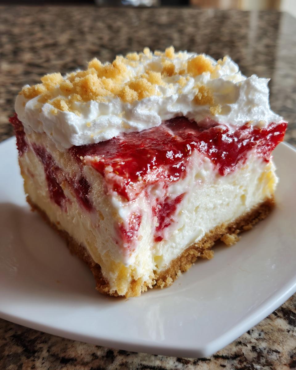A close-up of a rich slice of strawberry shortcake cheesecake with a graham cracker crust, strawberry swirl, whipped cream, and crumble topping.