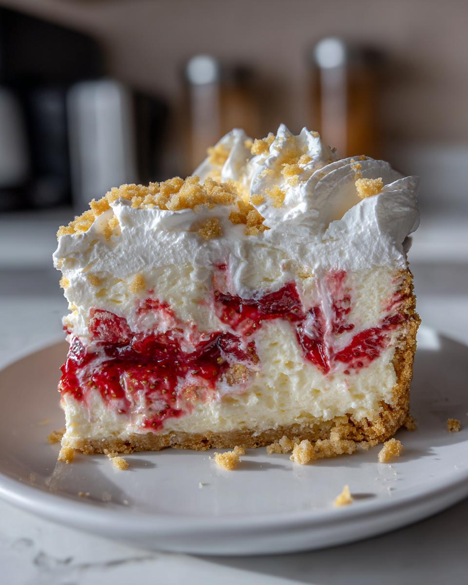 Close-up of a rich slice of strawberry shortcake cheesecake showing layers of creamy filling, bright red strawberry swirl, and graham cracker crust.