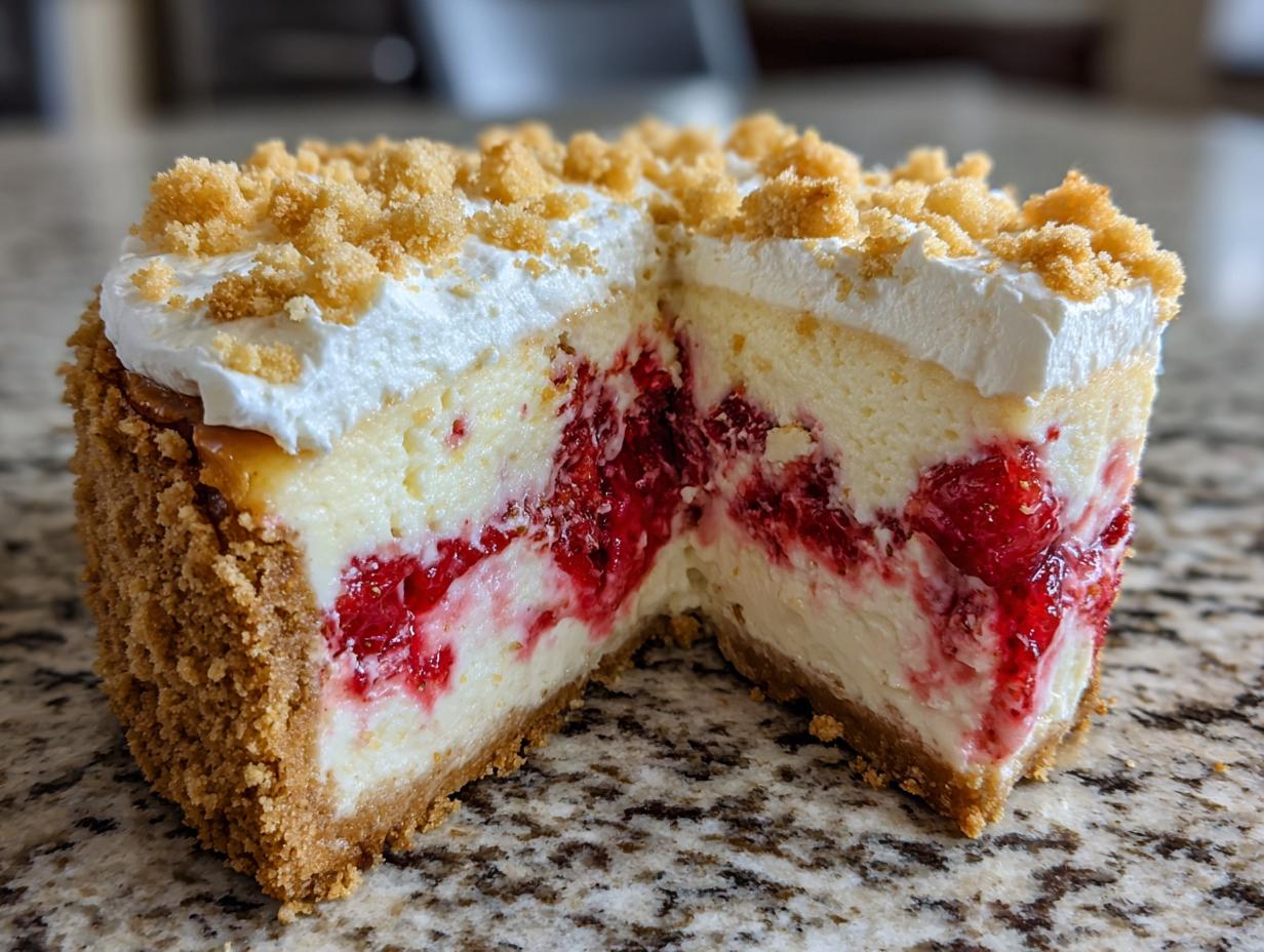 Cross-section view of a rich strawberry shortcake cheesecake showing layers of graham cracker crust, creamy filling, and swirls of bright red strawberries.