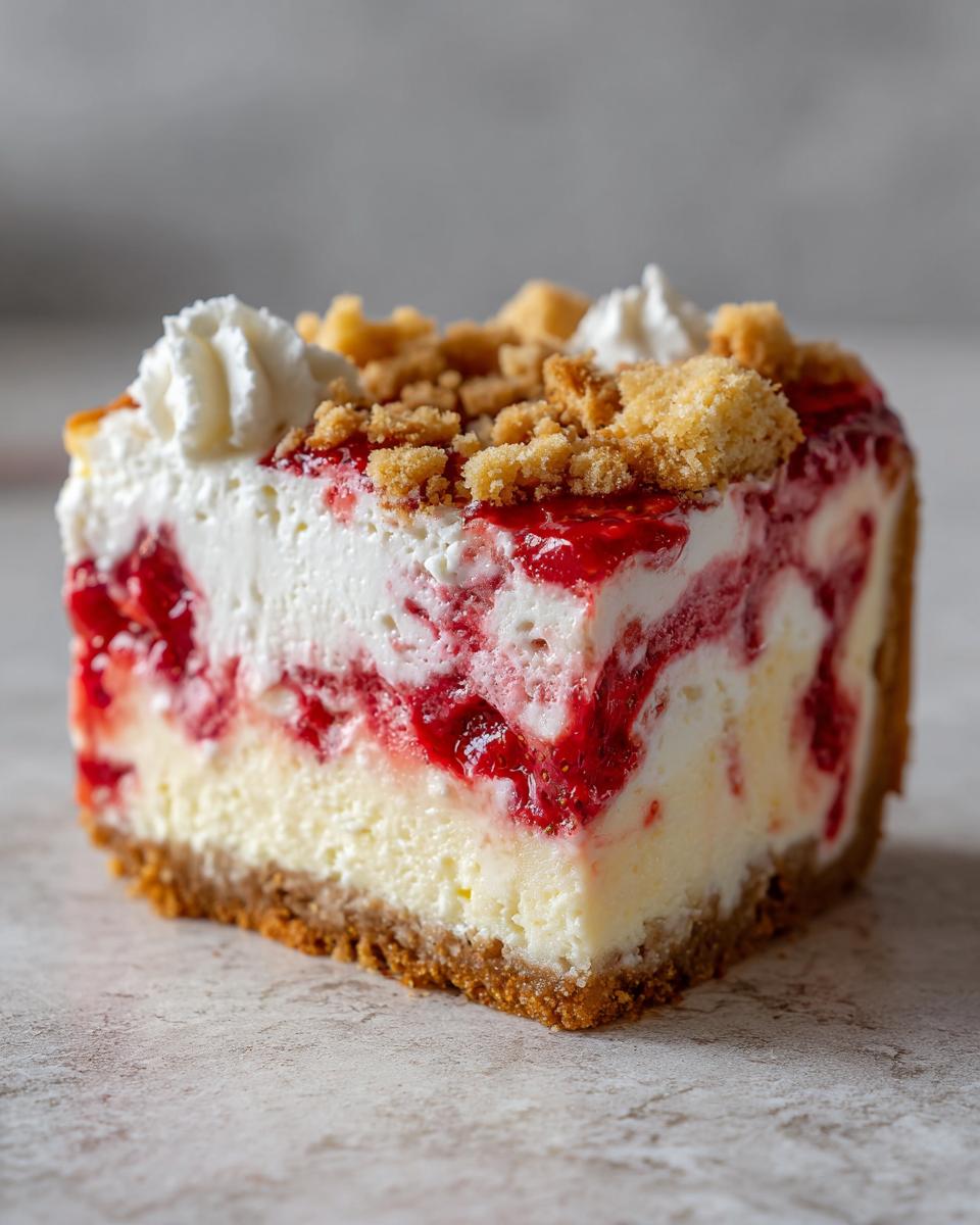 Close-up of a rich slice of strawberry shortcake cheesecake featuring a graham cracker crust, creamy filling swirled with strawberry sauce, and topped with whipped cream.