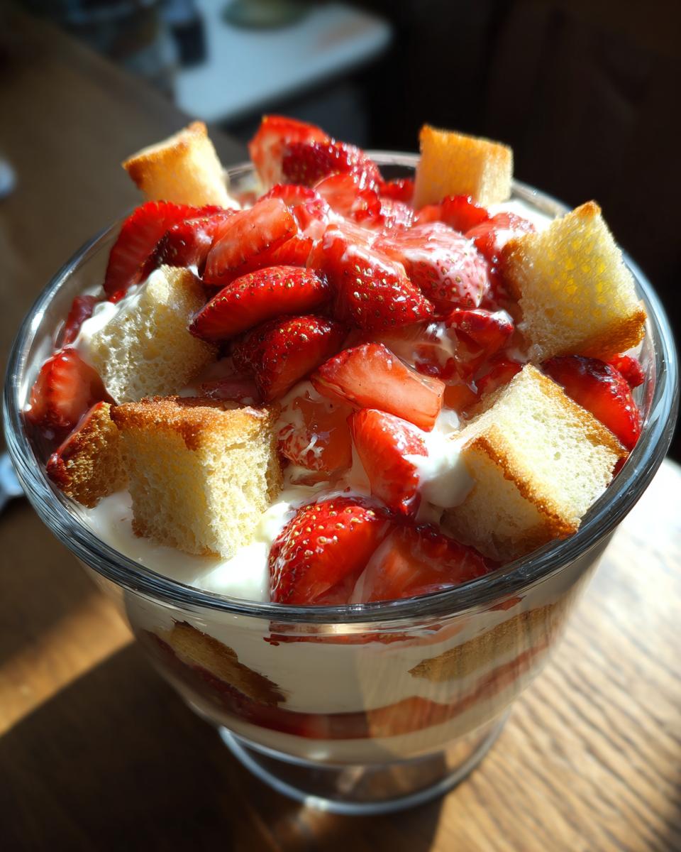Close-up view of a layered strawberry shortcake trifle featuring fresh strawberries, whipped cream, and pound cake cubes in a clear glass dish.