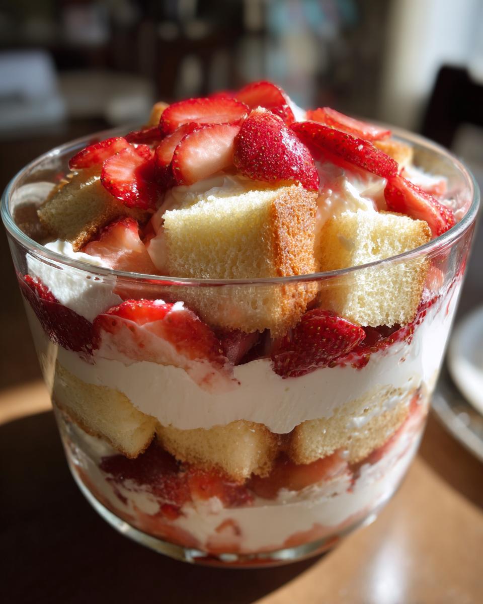 Close-up of a layered strawberry shortcake trifle featuring pound cake cubes, whipped cream, and fresh sliced strawberries.