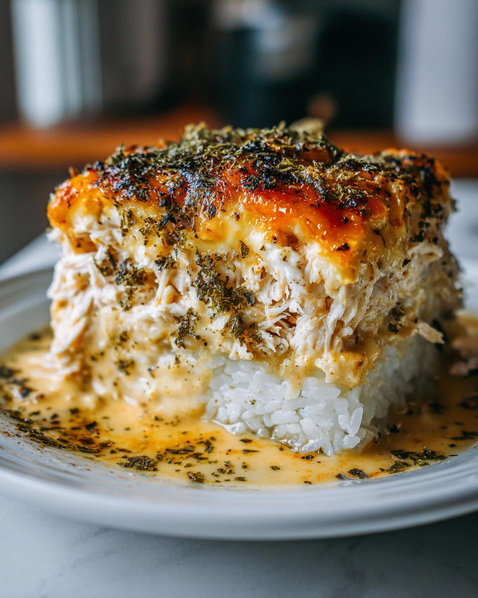 A close-up, vertical slice of creamy sushi bake layered over white rice, topped with baked sauce and furikake seasoning.