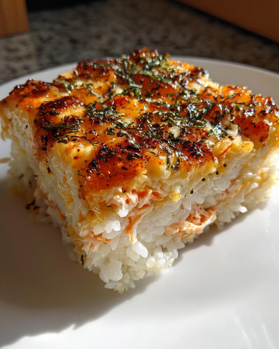 A close-up of a square slice of baked sushi bake with a creamy, browned topping and furikake.