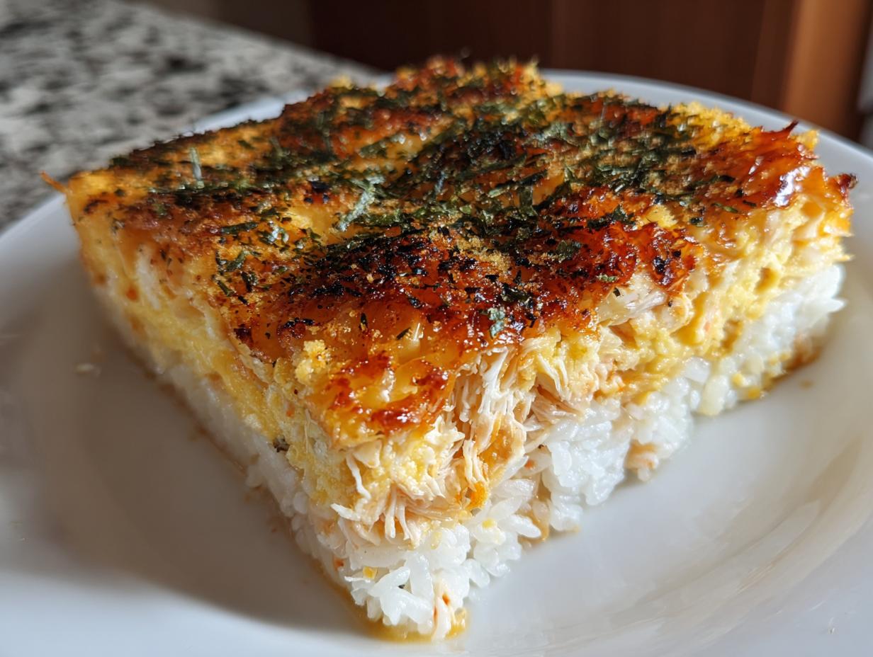 Close-up of a perfectly browned square slice of sushi bake showing layers of rice and creamy topping.