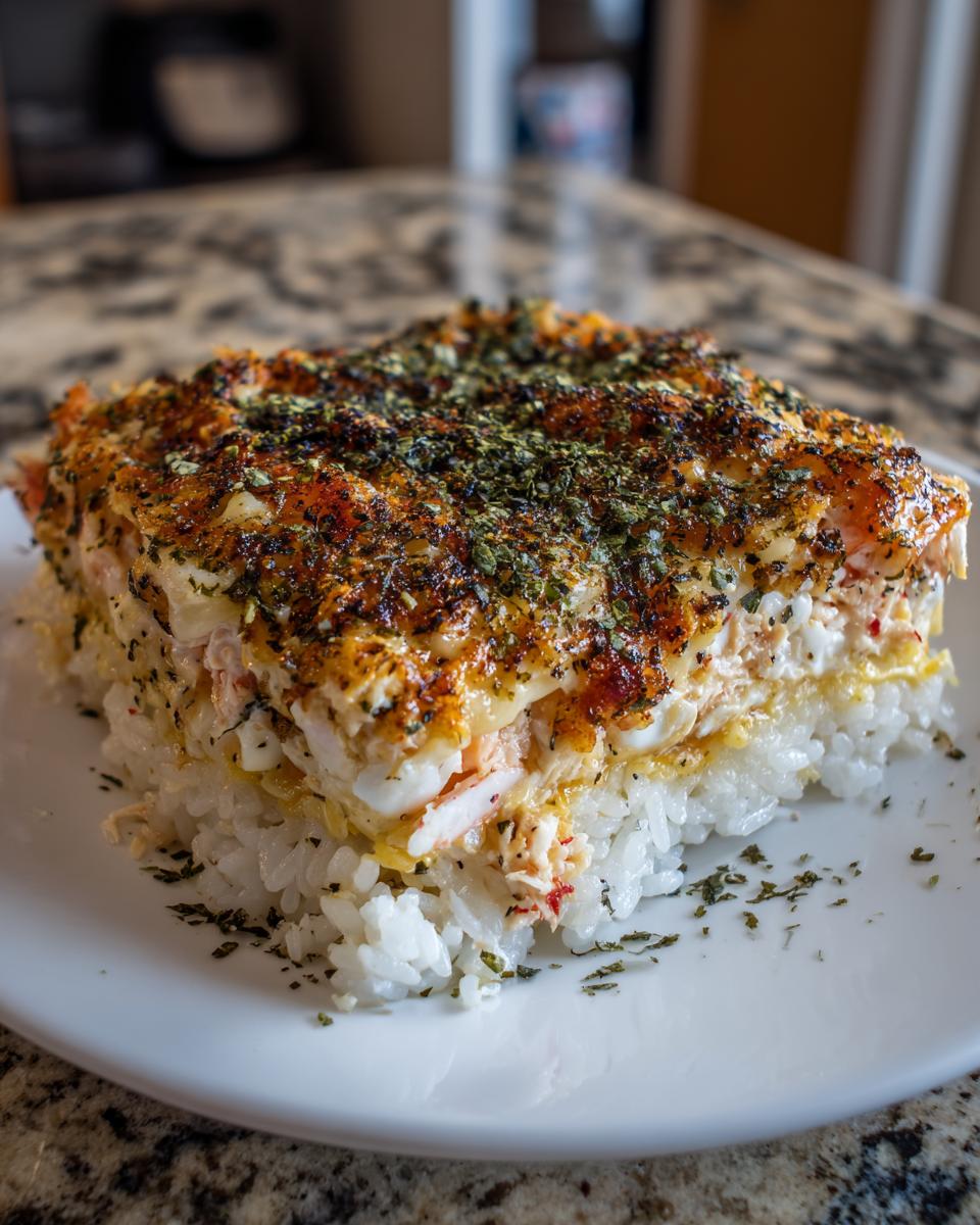A square slice of baked sushi bake with a creamy topping and furikake seasoning served on a white plate.