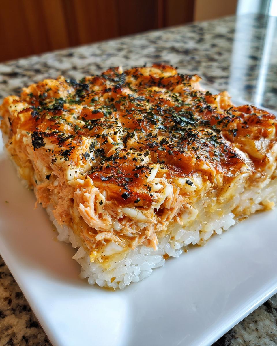 A square slice of baked sushi bake featuring a layer of white rice topped with creamy salmon mixture and sprinkled with nori flakes.