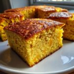 Close-up of a square slice of moist, golden sweet potato cornbread with a caramelized top, served on a white plate.