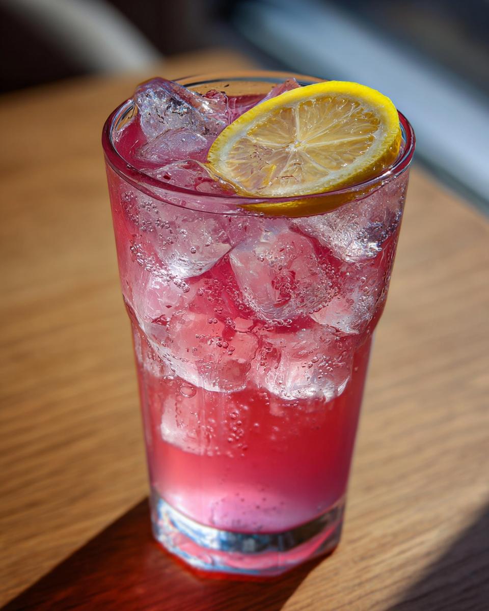 Close-up of a tall, icy glass filled with bright pink lemonade, garnished with a fresh lemon slice.
