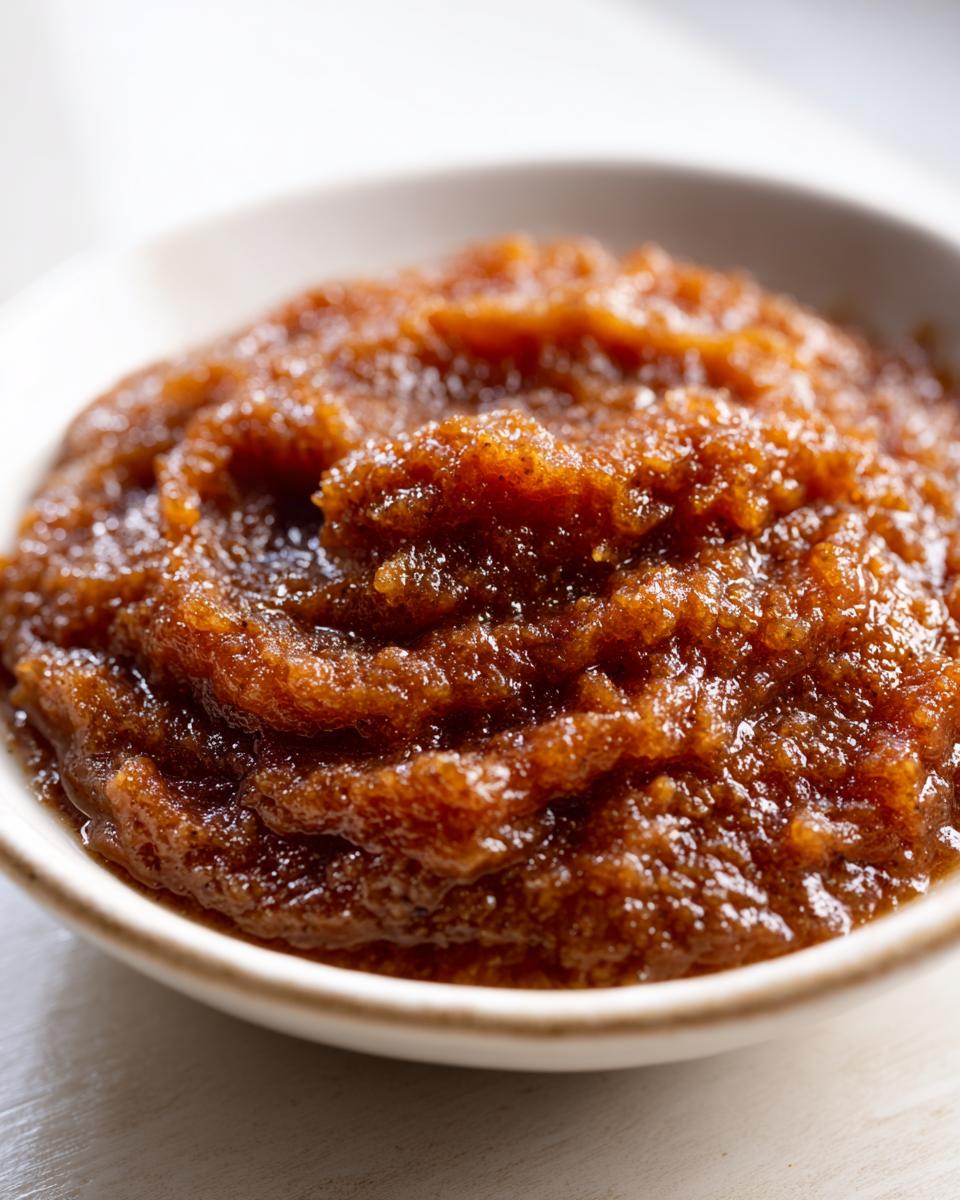 Close-up of thick, dark brown homemade apple butter served in a small white bowl.
