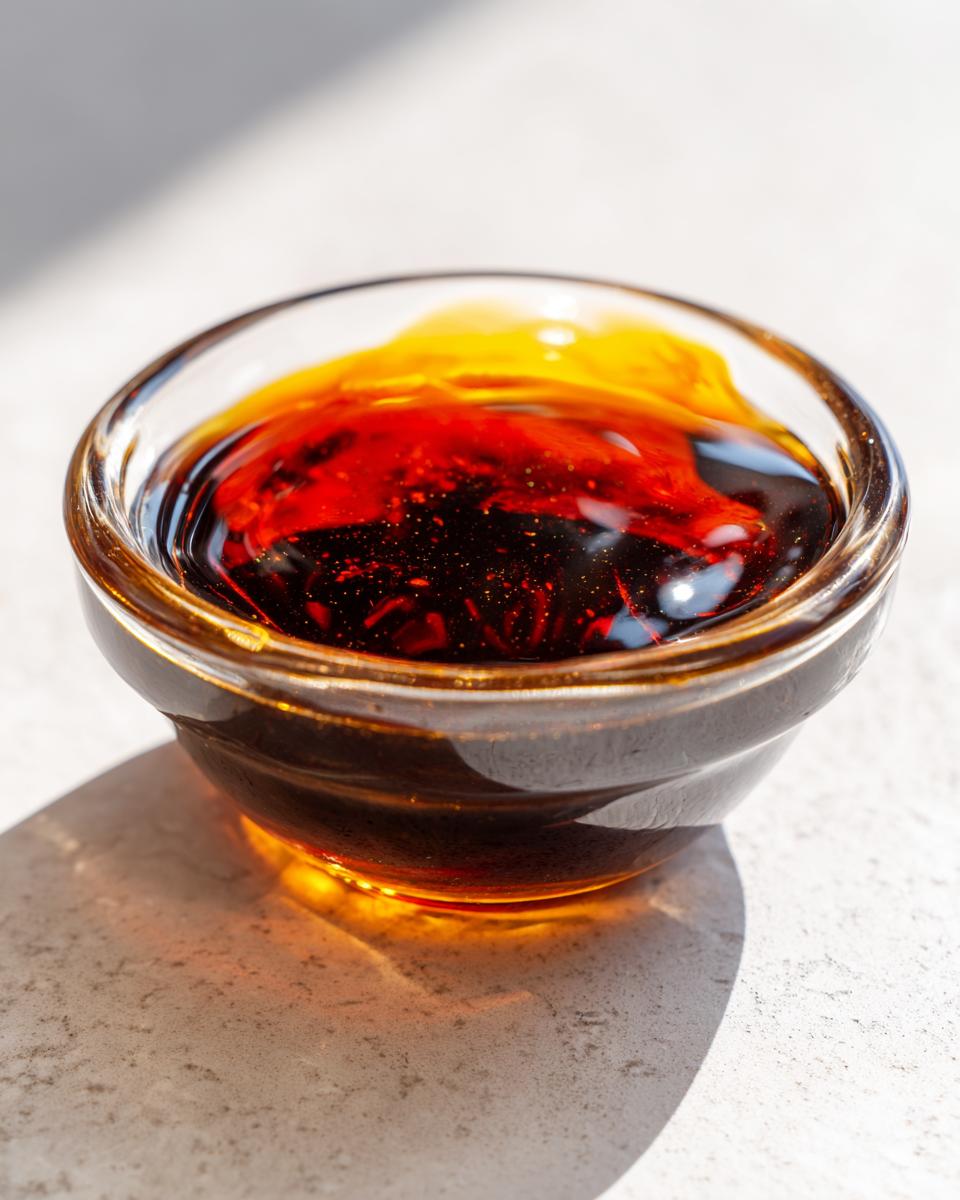 Close-up of thick, dark teriyaki sauce with a reddish-orange sheen in a small glass dipping bowl.