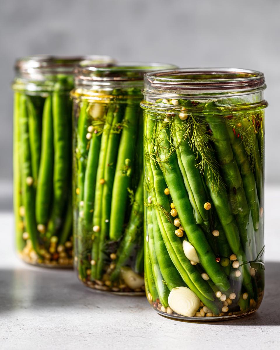 Three glass jars filled with fresh green beans, garlic, dill, and spices for making dilly beans.