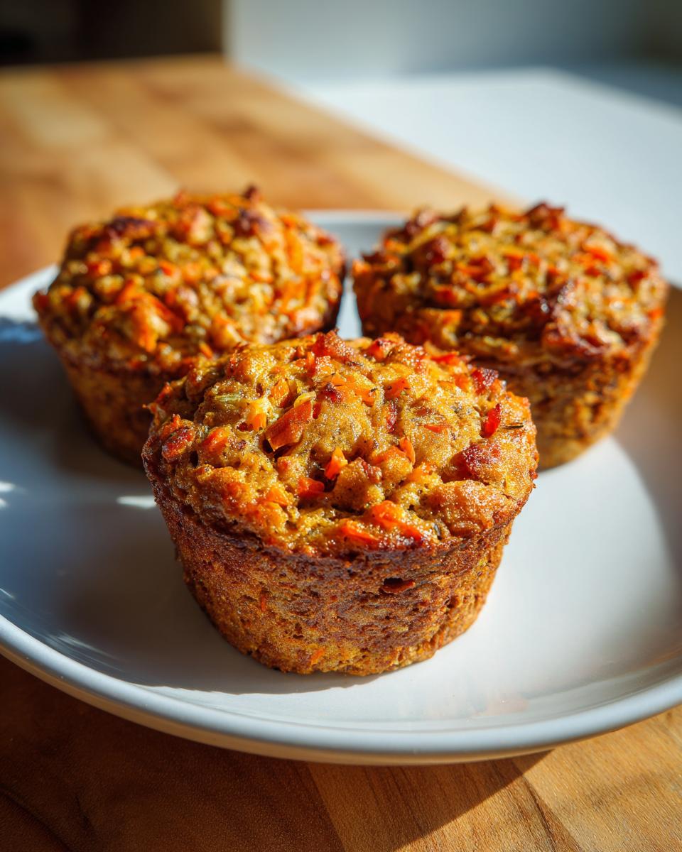 Three freshly baked morning glory muffins, rich in visible shredded carrots, sitting on a white plate.