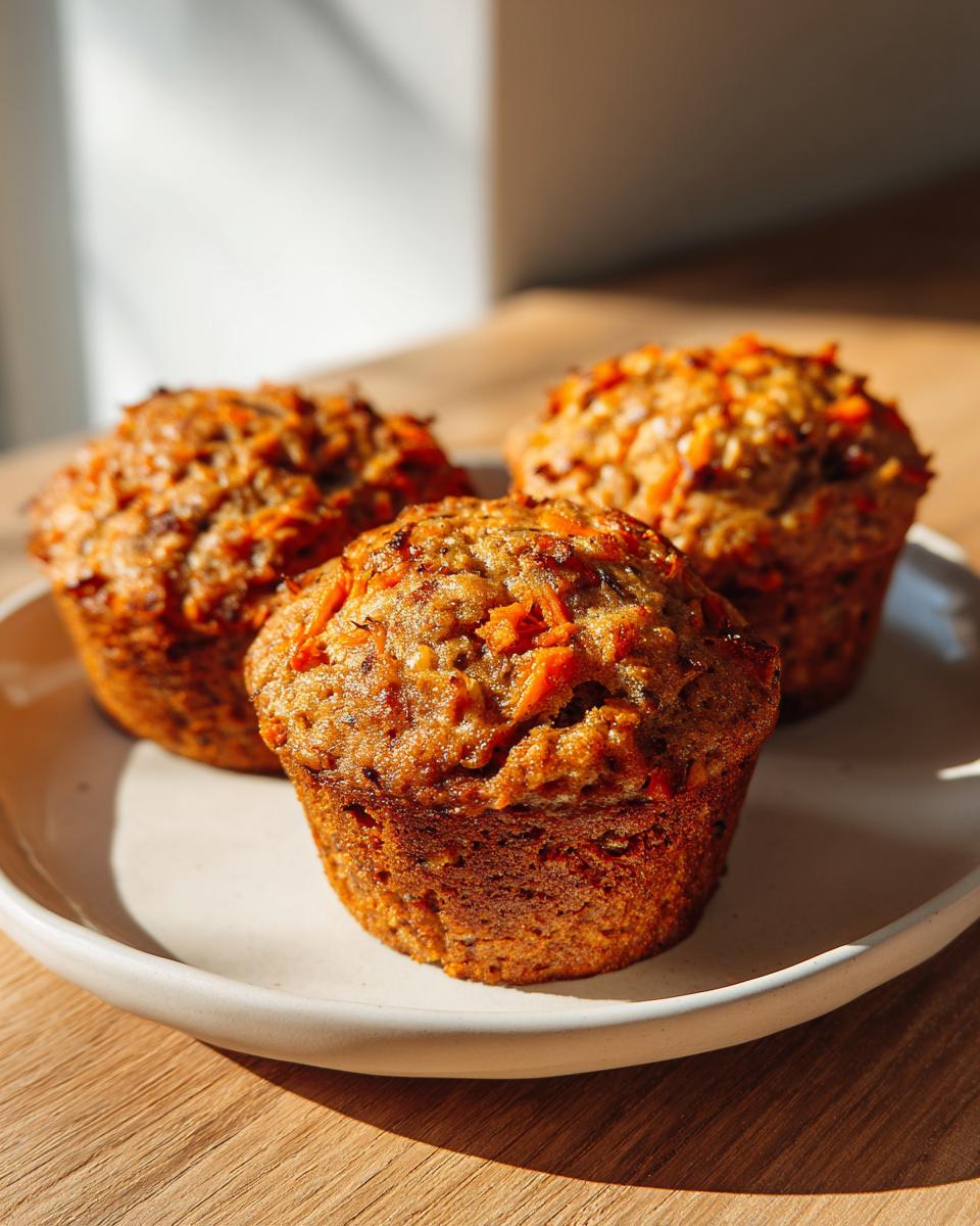 Three perfectly baked morning glory muffins with visible shredded carrots, sitting on a light-colored plate.
