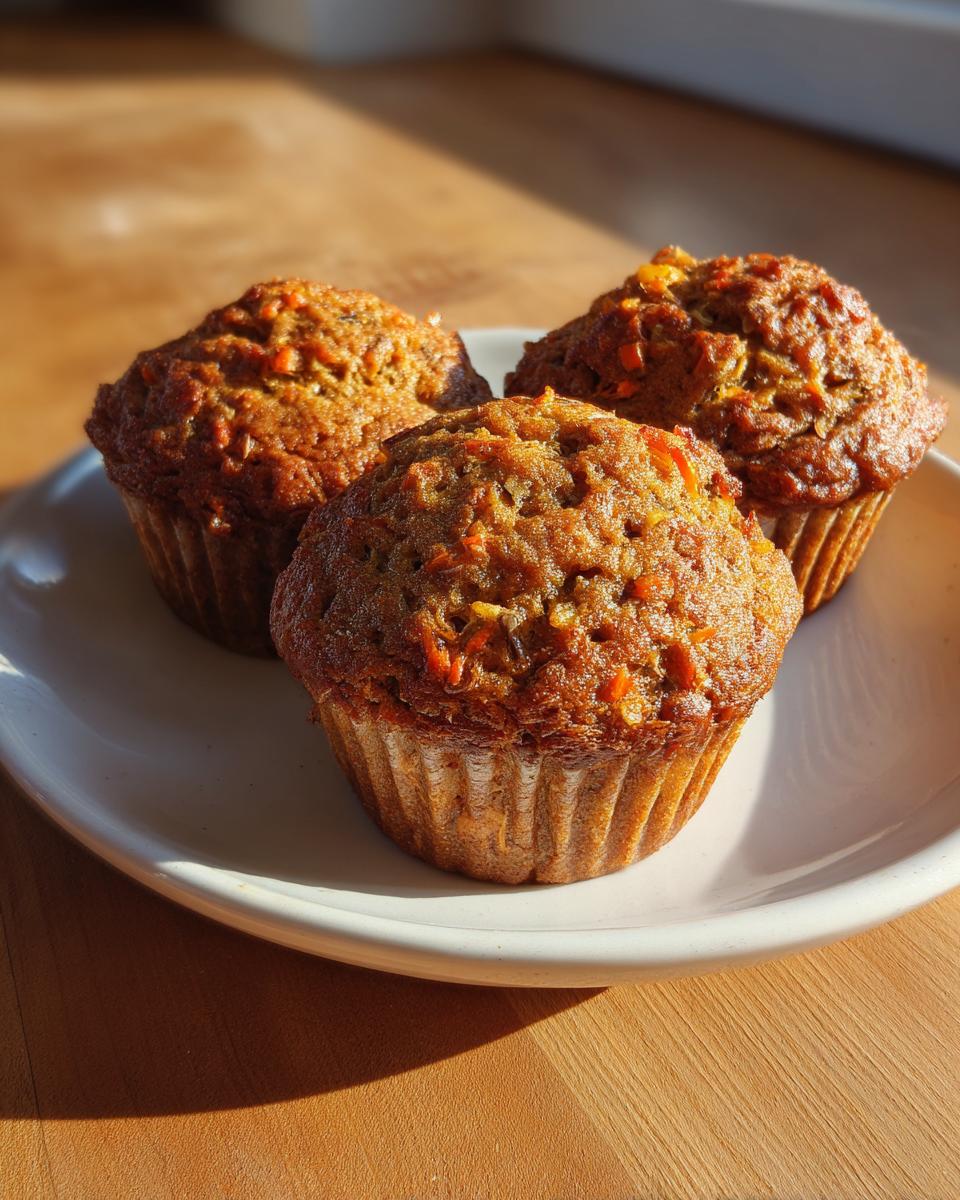 Three freshly baked morning glory muffins with visible shredded carrots, sitting on a light plate.