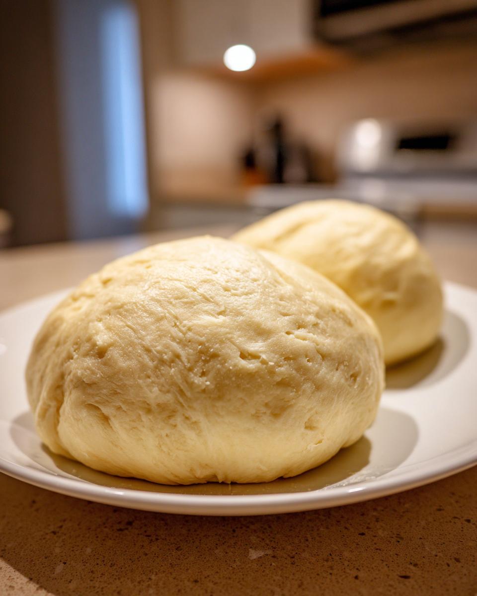Close-up of two smooth, pale yellow balls of freshly made fufu resting on a white plate.