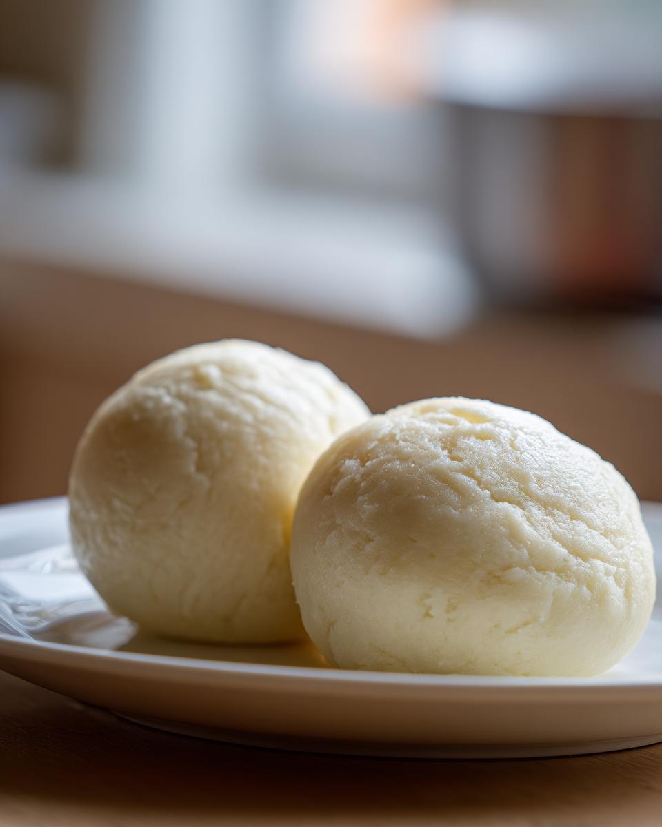 Close-up of two smooth, white balls of freshly made fufu served on a white plate.