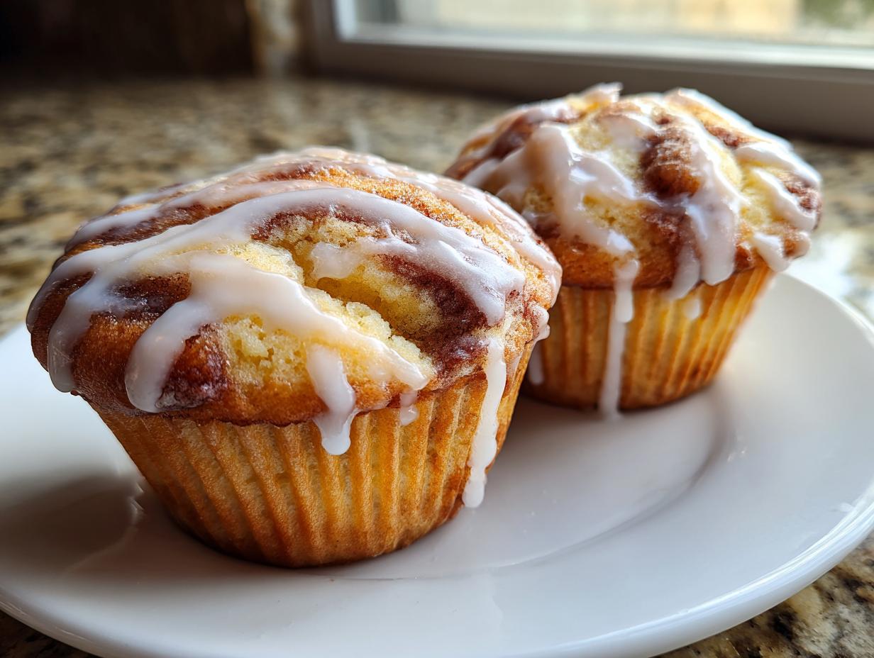 Two freshly baked cinnamon roll muffins topped with thick white icing, sitting on a white plate.