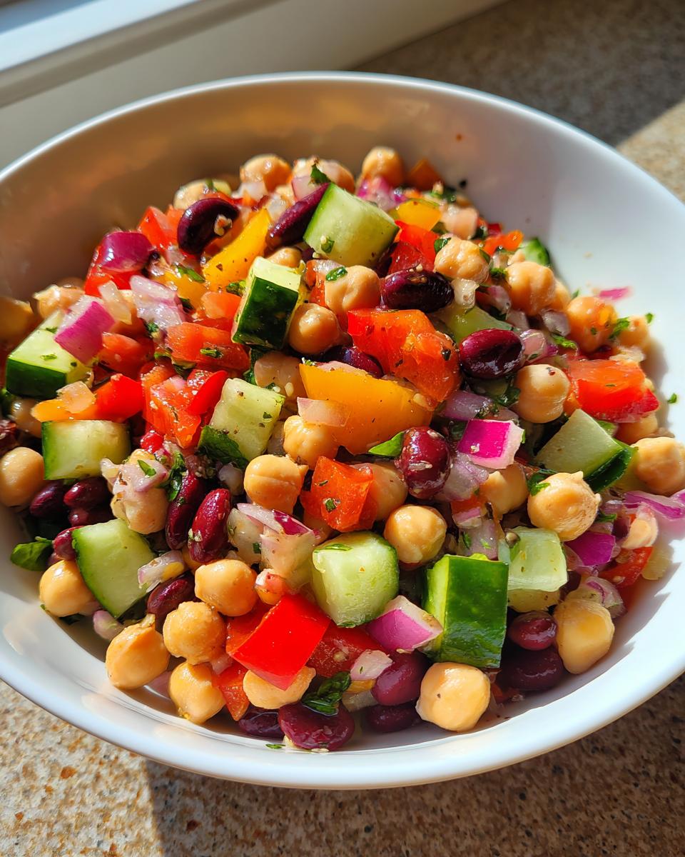 Close-up of a colorful, fresh bean salad featuring chickpeas, kidney beans, cucumber, and red onion.