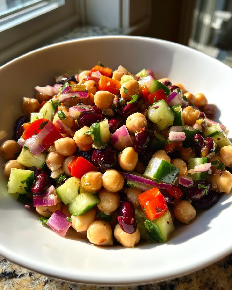 Close-up of a vibrant bean salad featuring chickpeas, kidney beans, cucumber, red onion, and bell pepper in a white bowl.